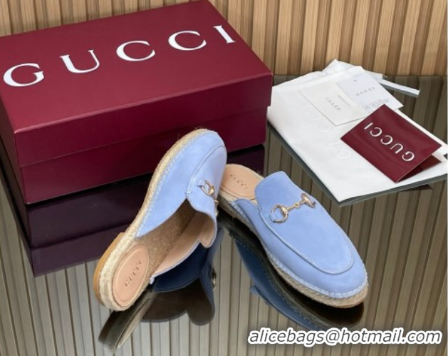 Stylish Gucci Suede Flat Espadrille Mules with Horsebit GG121805 Light Blue 2026
