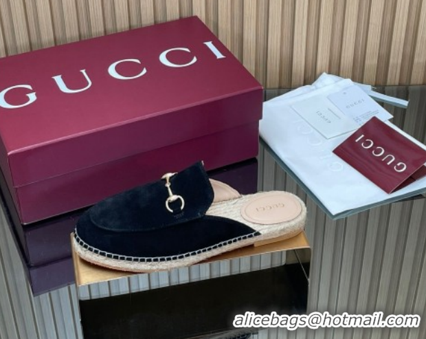 Expensive Gucci Suede Flat Espadrille Mules with Horsebit GG121805 Black 2026