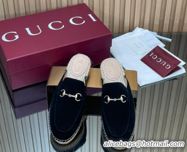 Expensive Gucci Suede Flat Espadrille Mules with Horsebit GG121805 Black 2026