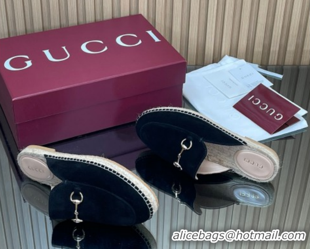 Expensive Gucci Suede Flat Espadrille Mules with Horsebit GG121805 Black 2026