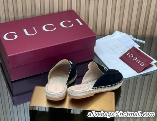 Expensive Gucci Suede Flat Espadrille Mules with Horsebit GG121805 Black 2026