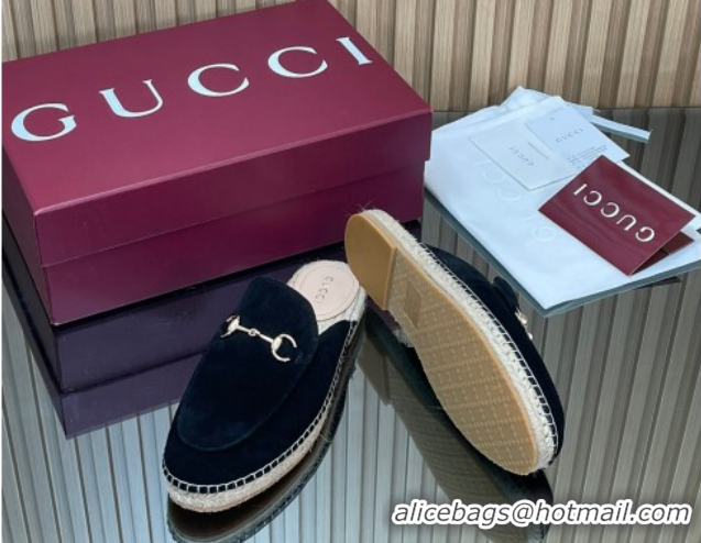 Expensive Gucci Suede Flat Espadrille Mules with Horsebit GG121805 Black 2026