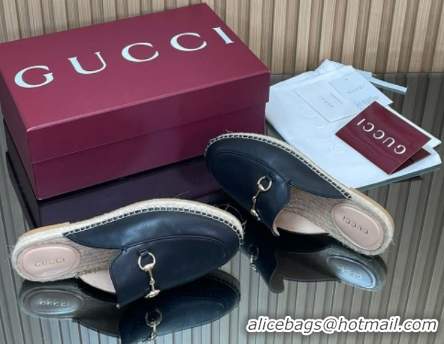 1:1 aaaaa Gucci Calf Leather Flat Espadrille Mules with Horsebit GG121805 Black 2026