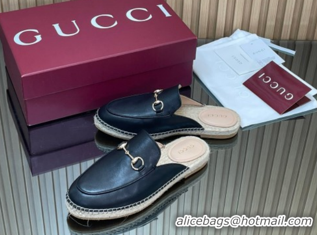 1:1 aaaaa Gucci Calf Leather Flat Espadrille Mules with Horsebit GG121805 Black 2026