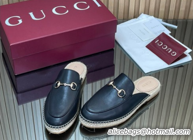 1:1 aaaaa Gucci Calf Leather Flat Espadrille Mules with Horsebit GG121805 Black 2026