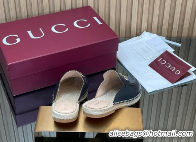 1:1 aaaaa Gucci Calf Leather Flat Espadrille Mules with Horsebit GG121805 Black 2026