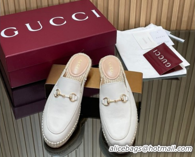 Stylish Gucci Calf Leather Flat Espadrille Mules with Horsebit GG121805 White 2026