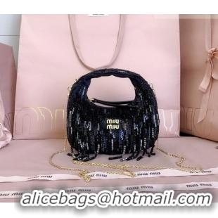 Top Design Miu Miu Wander satin mini-bag with crystal and sequin fringe 5BP078 Black 2026