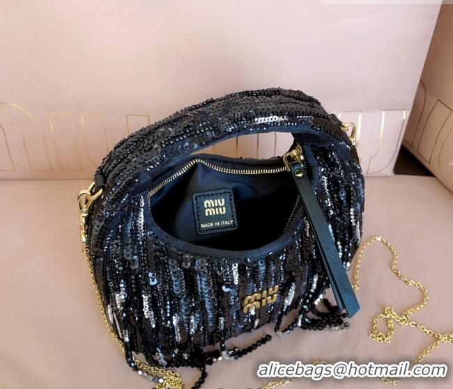Top Design Miu Miu Wander satin mini-bag with crystal and sequin fringe 5BP078 Black 2026