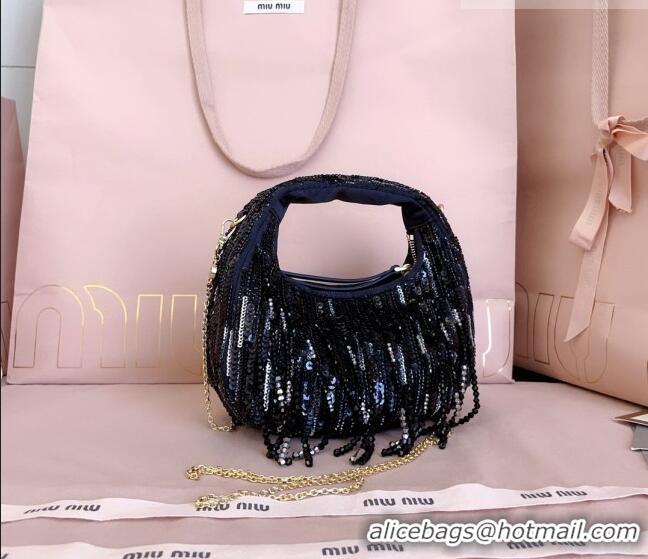 Top Design Miu Miu Wander satin mini-bag with crystal and sequin fringe 5BP078 Black 2026