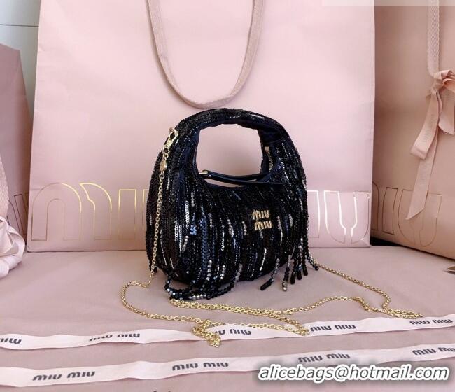 Top Design Miu Miu Wander satin mini-bag with crystal and sequin fringe 5BP078 Black 2026