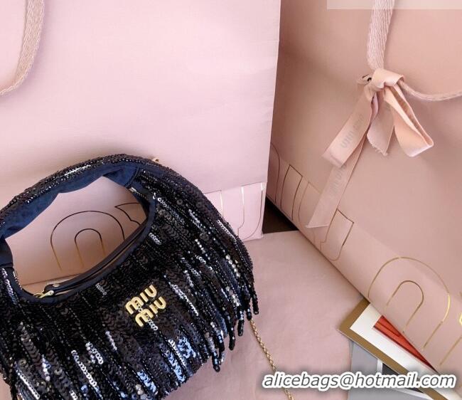 Top Design Miu Miu Wander satin mini-bag with crystal and sequin fringe 5BP078 Black 2026