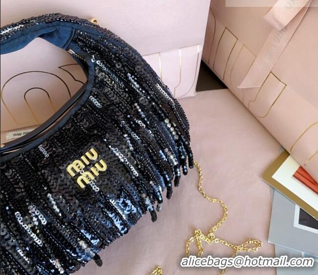 Top Design Miu Miu Wander satin mini-bag with crystal and sequin fringe 5BP078 Black 2026
