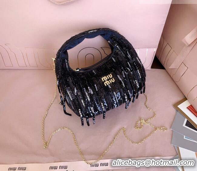 Top Design Miu Miu Wander satin mini-bag with crystal and sequin fringe 5BP078 Black 2026