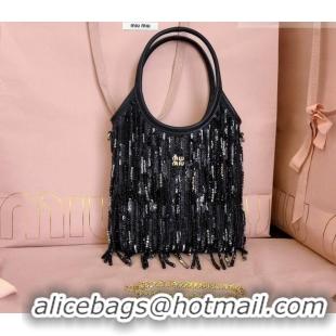 Luxury Cheap Miu Miu IVY satin handbag with crystal and sequin fringe 5BA281 Black 2026