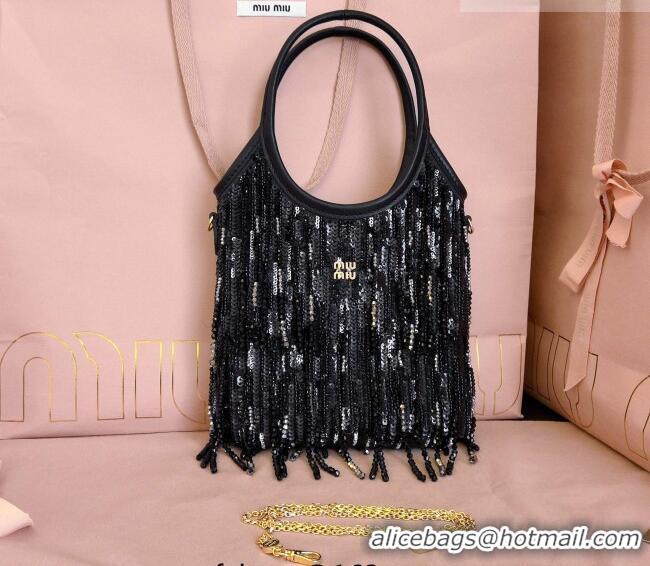Luxury Cheap Miu Miu IVY satin handbag with crystal and sequin fringe 5BA281 Black 2026