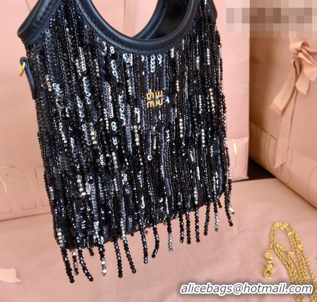Luxury Cheap Miu Miu IVY satin handbag with crystal and sequin fringe 5BA281 Black 2026