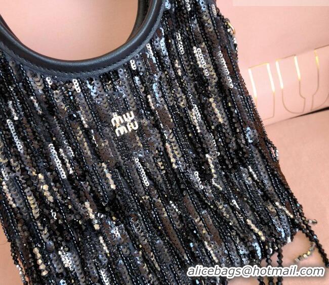 Luxury Cheap Miu Miu IVY satin handbag with crystal and sequin fringe 5BA281 Black 2026