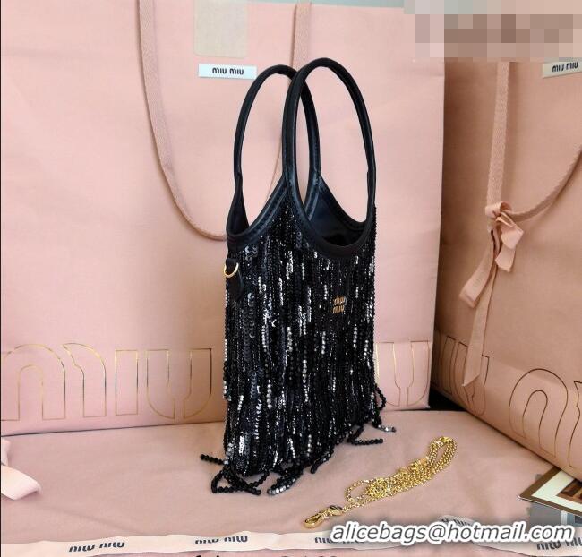 Luxury Cheap Miu Miu IVY satin handbag with crystal and sequin fringe 5BA281 Black 2026