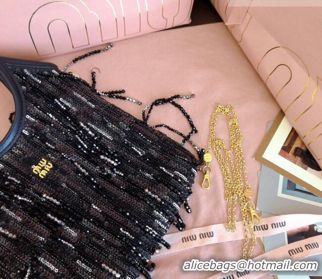 Luxury Cheap Miu Miu IVY satin handbag with crystal and sequin fringe 5BA281 Black 2026
