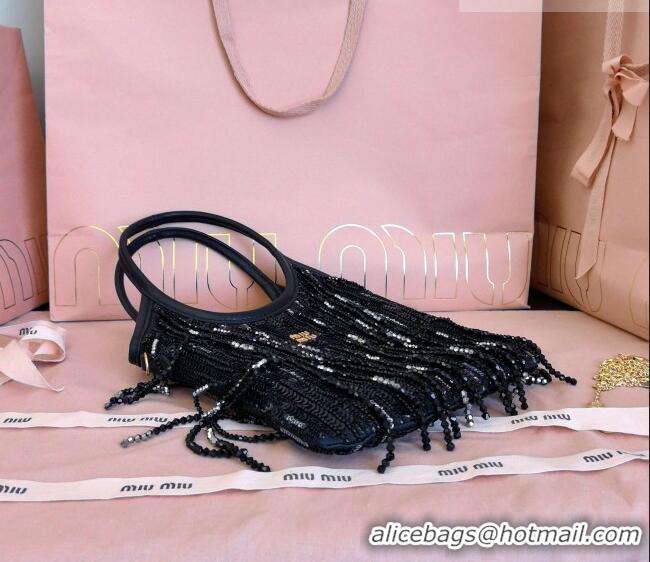 Luxury Cheap Miu Miu IVY satin handbag with crystal and sequin fringe 5BA281 Black 2026