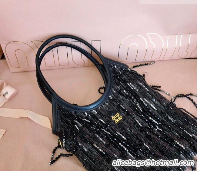 Luxury Cheap Miu Miu IVY satin handbag with crystal and sequin fringe 5BA281 Black 2026