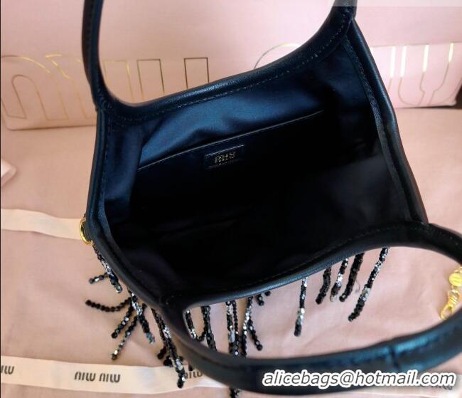Luxury Cheap Miu Miu IVY satin handbag with crystal and sequin fringe 5BA281 Black 2026