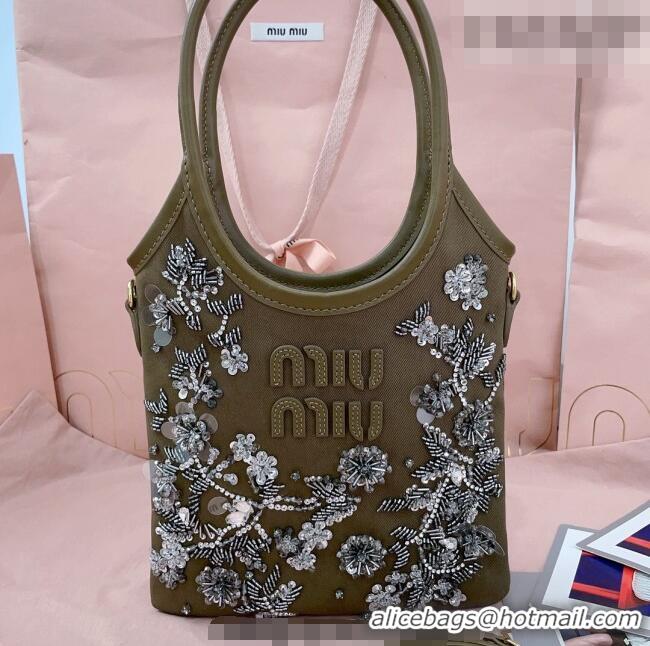 Cheapest Miu Miu IVY embroidered gabardine bag 5BA281 Olive 2026