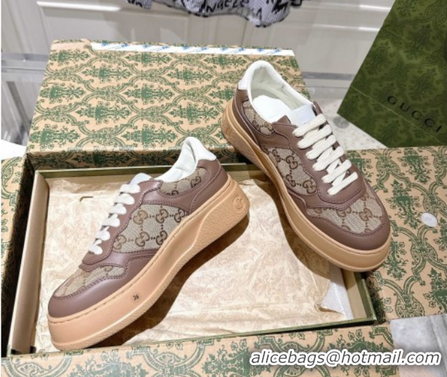 Masculine Gucci GG Canvas and Calf Leather Platform Sneakers 4cm 676092 Beige/Brown 2026