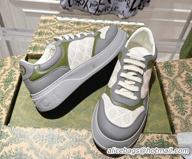 Cheap Price Gucci GG Canvas and Leather Platform Sneakers 4cm 676092 Grey/White/Green 2026