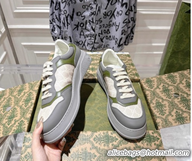 Cheap Price Gucci GG Canvas and Leather Platform Sneakers 4cm 676092 Grey/White/Green 2026