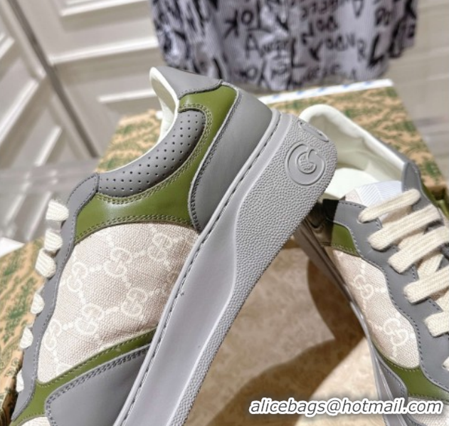 Cheap Price Gucci GG Canvas and Leather Platform Sneakers 4cm 676092 Grey/White/Green 2026