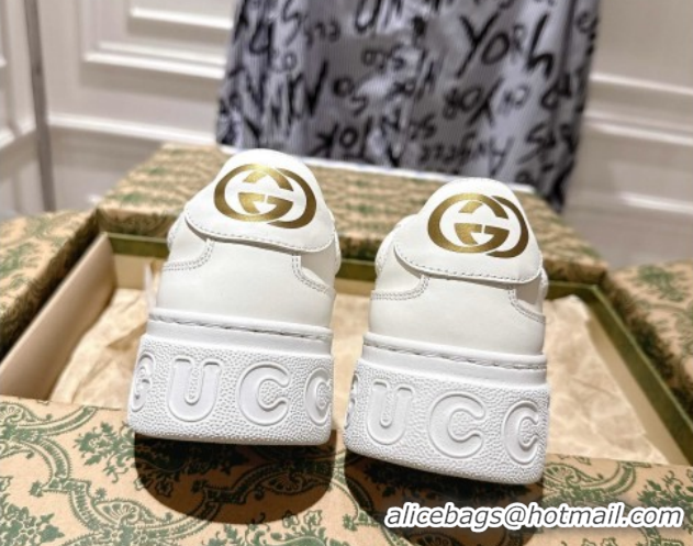 Shop Duplicate Gucci Maxi GG Canvas and Leather Platform Sneakers 4cm 676092 White/Gold 2026