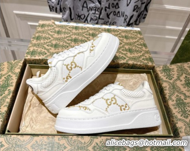 Shop Duplicate Gucci Maxi GG Canvas and Leather Platform Sneakers 4cm 676092 White/Gold 2026
