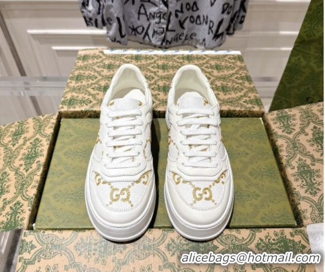 Shop Duplicate Gucci Maxi GG Canvas and Leather Platform Sneakers 4cm 676092 White/Gold 2026