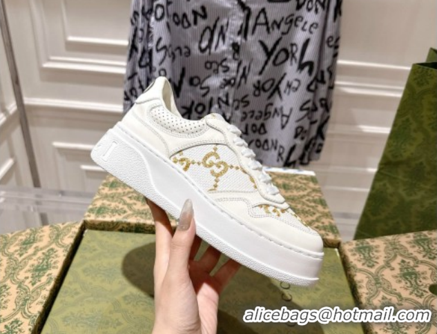 Shop Duplicate Gucci Maxi GG Canvas and Leather Platform Sneakers 4cm 676092 White/Gold 2026
