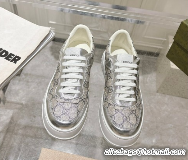 Cheap Price Gucci GG Canvas and Leather Platform Sneakers 4cm 676092 Grey/Silver 2026