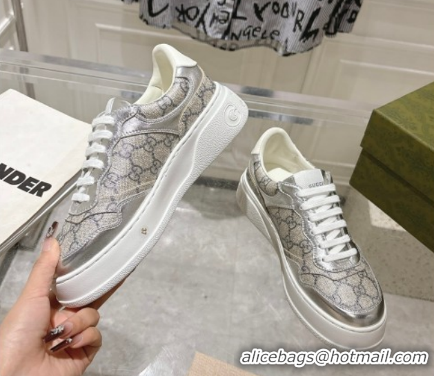 Cheap Price Gucci GG Canvas and Leather Platform Sneakers 4cm 676092 Grey/Silver 2026