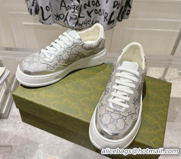 Cheap Price Gucci GG Canvas and Leather Platform Sneakers 4cm 676092 Grey/Silver 2026
