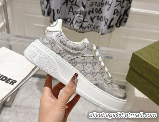 Cheap Price Gucci GG Canvas and Leather Platform Sneakers 4cm 676092 Grey/Silver 2026