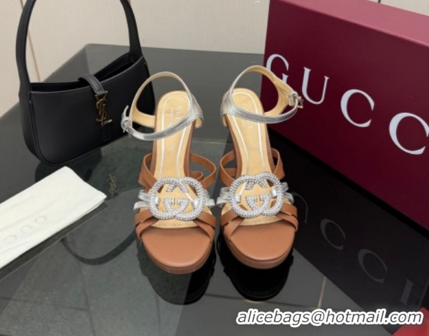 Top Grade Gucci Calf Leather Platform Sandals with Strass Interlocking G 852355 Brown/Silver 2026