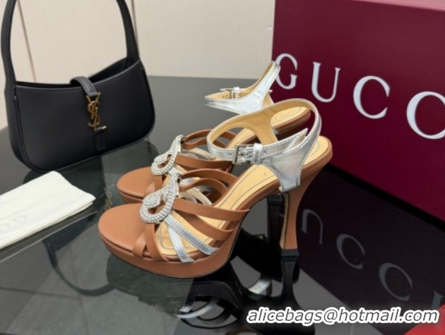 Top Grade Gucci Calf Leather Platform Sandals with Strass Interlocking G 852355 Brown/Silver 2026