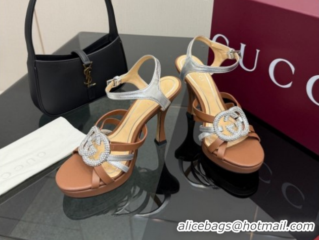 Top Grade Gucci Calf Leather Platform Sandals with Strass Interlocking G 852355 Brown/Silver 2026