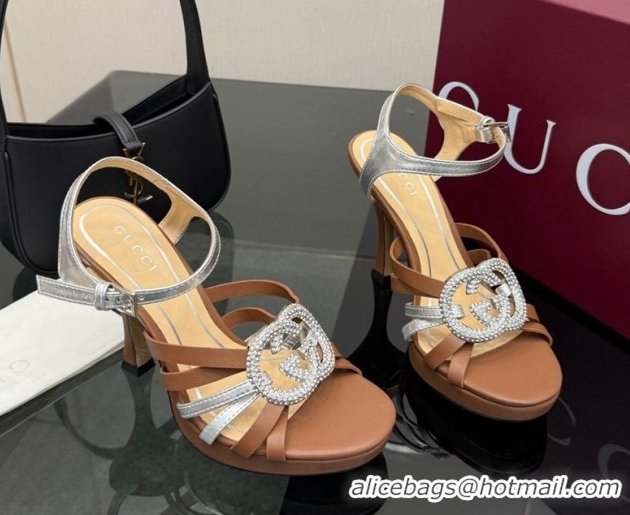 Top Grade Gucci Calf Leather Platform Sandals with Strass Interlocking G 852355 Brown/Silver 2026