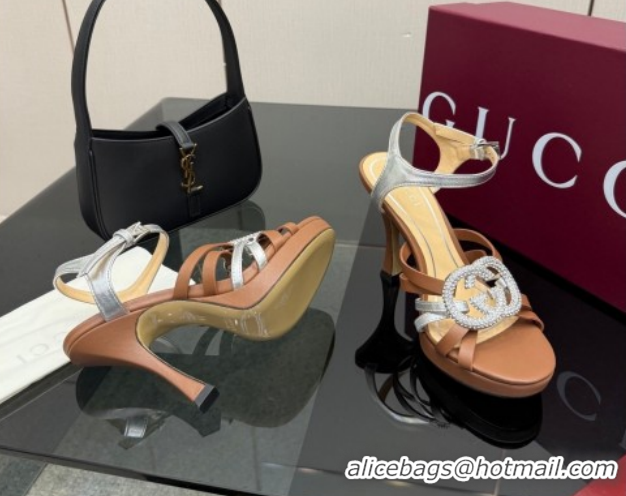 Top Grade Gucci Calf Leather Platform Sandals with Strass Interlocking G 852355 Brown/Silver 2026