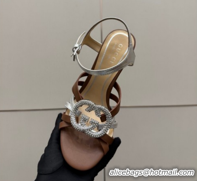 Top Grade Gucci Calf Leather Platform Sandals with Strass Interlocking G 852355 Brown/Silver 2026