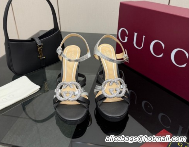 Unique Style Gucci Calf Leather Platform Sandals with Strass Interlocking G 852355 Black/Silver 2026