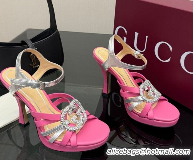 Good Quality Gucci Calf Leather Platform Sandals with Strass Interlocking G 852355 Dark Pink/Silver 2026