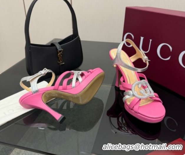 Good Quality Gucci Calf Leather Platform Sandals with Strass Interlocking G 852355 Dark Pink/Silver 2026