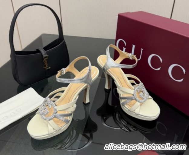 Good Looking Gucci Calf Leather Platform Sandals with Strass Interlocking G 852355 White/Silver 2026